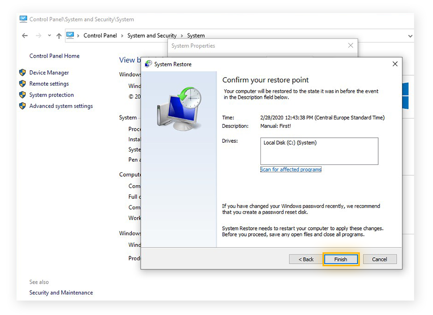 Beginning a System Restore in Windows 10