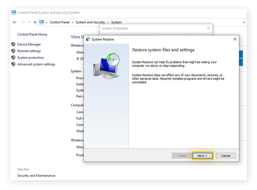 Confirming a System Restore in Windows 10