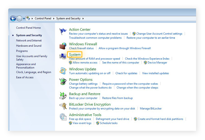 The System and Security menu within the Control Panel of Windows 7 Ultimate