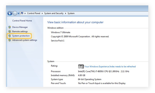 The System menu in Windows 7 Ultimate