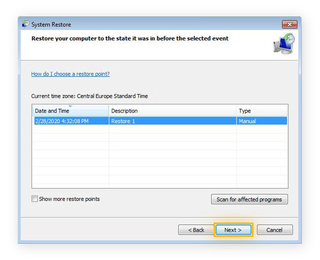 Choosing a restore point for a System Restore in Windows 10