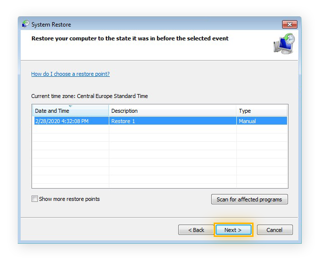 Choosing a restore point for a System Restore in Windows 7 Ultimate