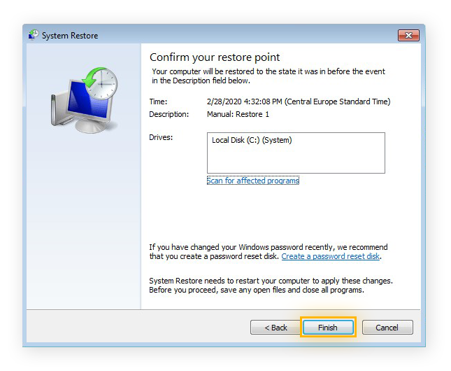 Confirming a System Restore in Windows 7 Ultimate