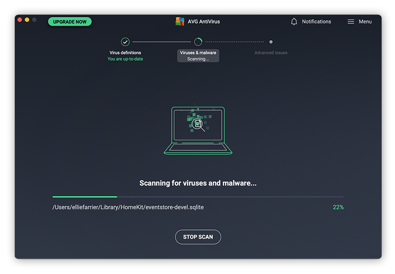 AVG AntiVirus FREE running a smart scan to find and remove viruses on a Mac laptop.