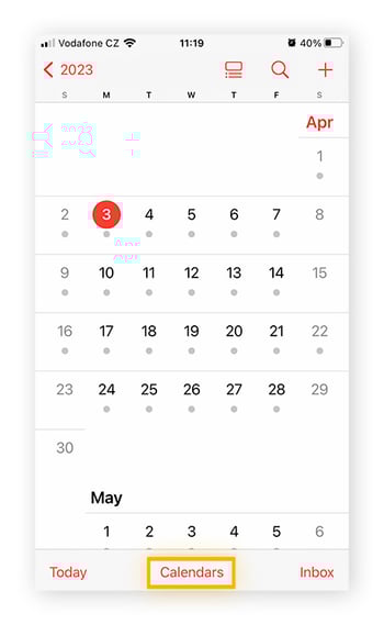 Screenshot of the main iPhone Calendar screen, with the Calendars option highlighted