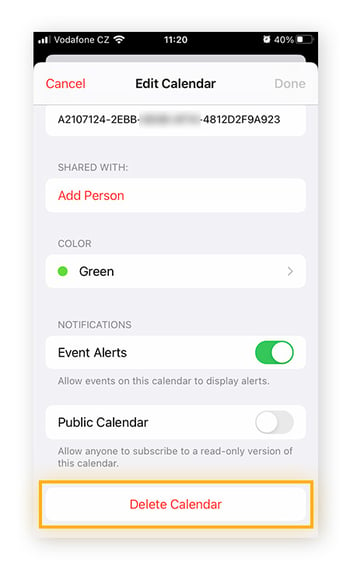 Captura de pantalla del menú Calendario de un iPhone con la opción Eliminar calendario resaltada.
