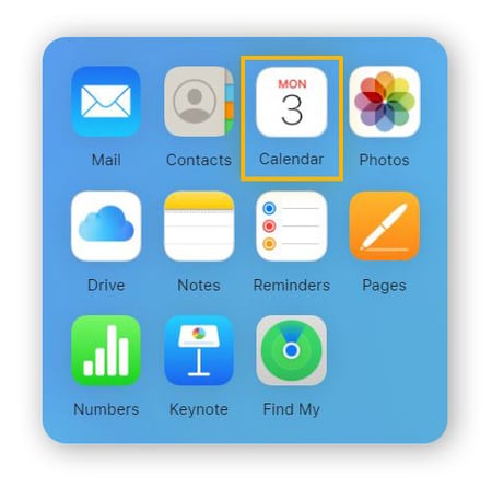 Schermata del menu iCloud, con l’icona dell’app Calendario in evidenza