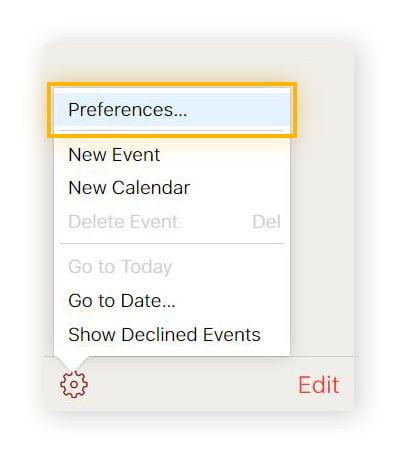 Imagem do menu das configurações no Calendário do iCloud, com "Preferências" em destaque