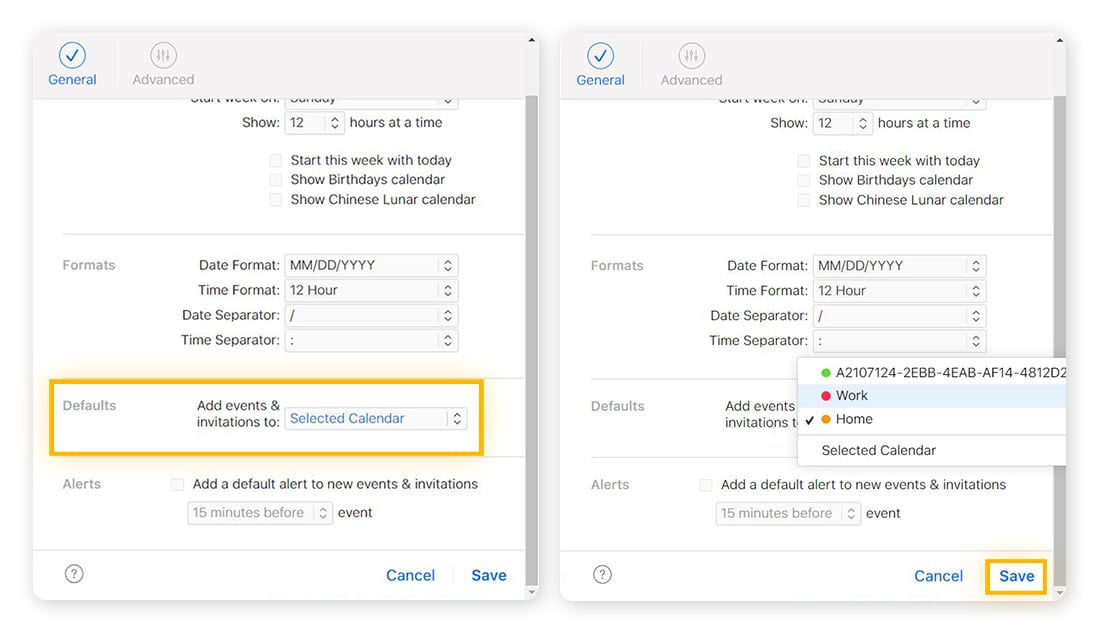 Selecting default calendars in the iCloud Calendar Preferences menu.