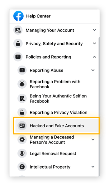 Facebook Help Center provides several options for hacked accounts or reporting privacy violations.