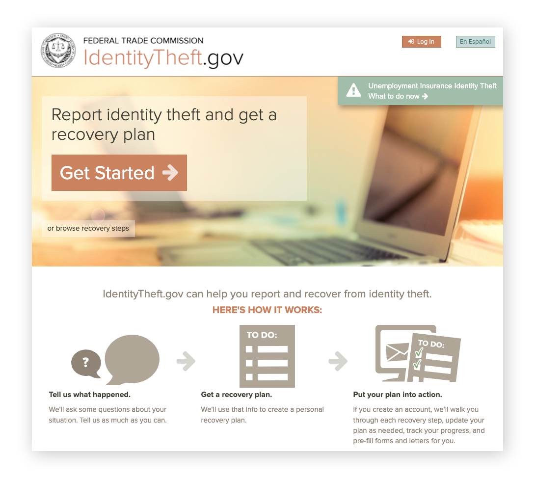 Melden eines Identitätsdiebstahls auf der FTC-Website.