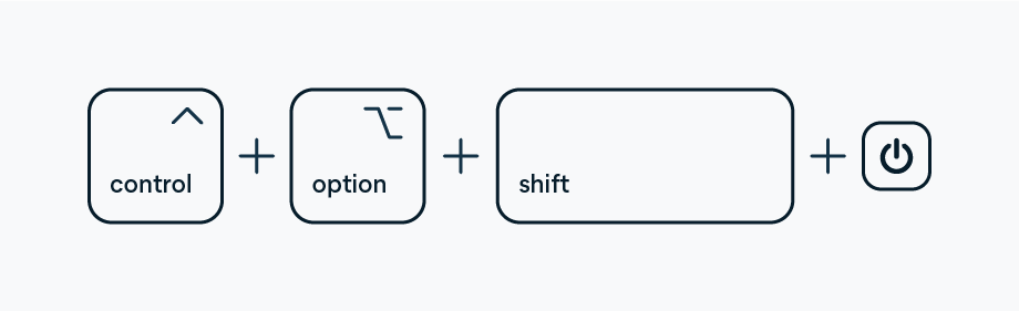Houd de rechter-Shift-toets, linker-Option-toets en linker-Control-toets 7 seconden ingedrukt. Houd vervolgens de aan-uitknop ingedrukt.
