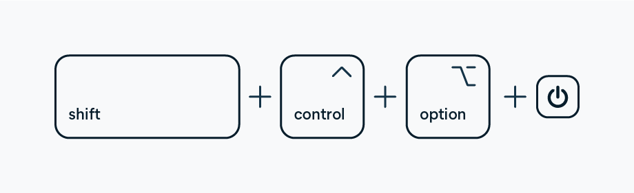 No teclado, pressione as teclas Shift esquerda, Control, e Option, assim como o botão liga/desliga, por 10 segundos.