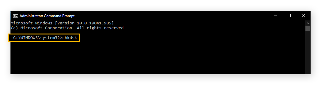 A picture of the command prompt, with "chkdsk" typed into the input.