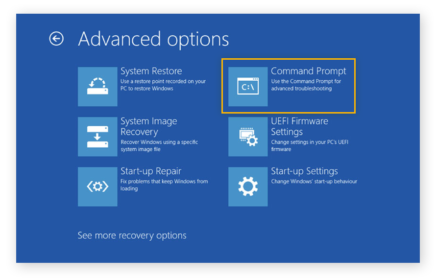 Capture d’écran des options avancées auxquelles vous avez accès lorsque vous démarrez depuis le disque d’installation de Windows 10.