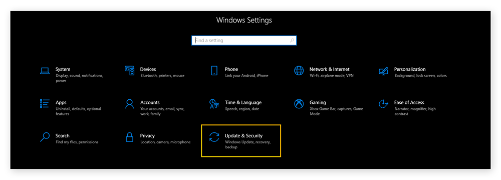 Screenshot della finestra delle impostazioni di Windows 10. Aggiornamento e sicurezza è evidenziato.