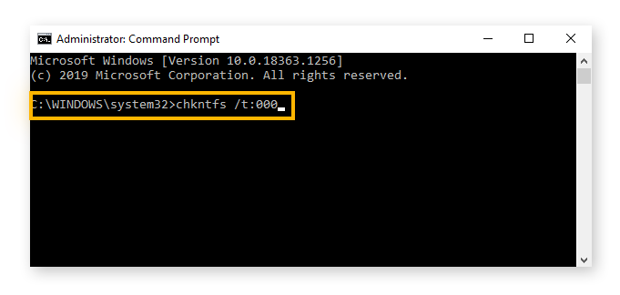 Command Prompt is shown, and "chkntfs /t:000" is typed in.