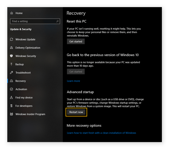 The "Recovery" options in Windows 10 settings. Under Advanced Startup, the "Restart now" button is circled.