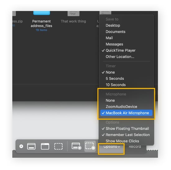 Selecting the microphone in QuickTime before screen and audio recording on Mac.