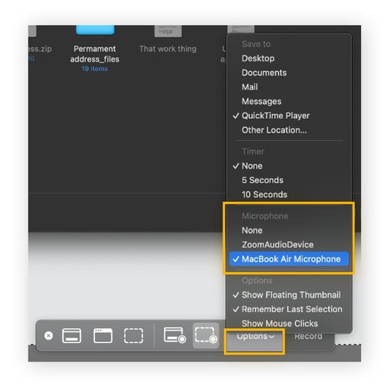  Selecting the microphone in QuickTime before screen and audio recording on Mac.