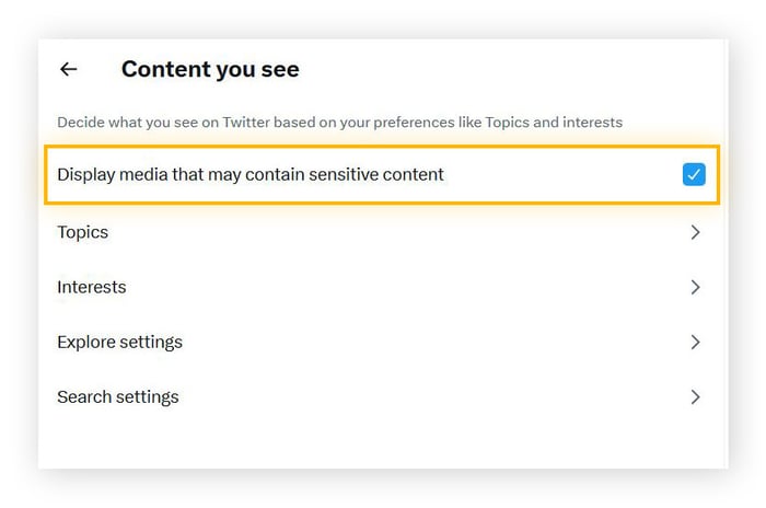 Mude ajustes do Twitter e Exibir conteúdo sensível