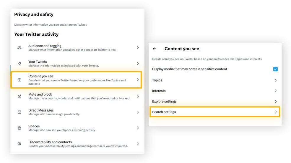 En Contenido que ves, encontrará Configuración de búsqueda