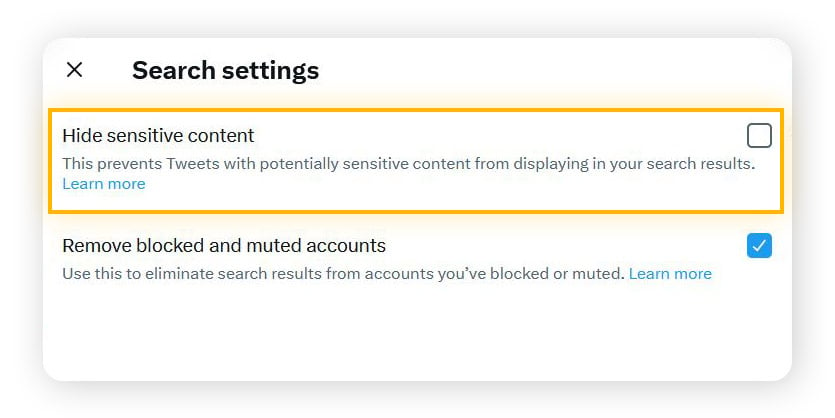 Mit dem Kontrollkästchen neben "Sensible Inhalte ausblenden" können Sie verhindern oder zulassen, dass sensible Inhalte in Ihren Suchergebnissen angezeigt werden
