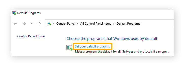 Selecting "Set your default programs" to begin changing your default browser to Chrome on Windows 11.