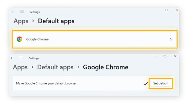Selecting Google Chrome in the default apps settings to make Chrome the default browser on Windows 11.