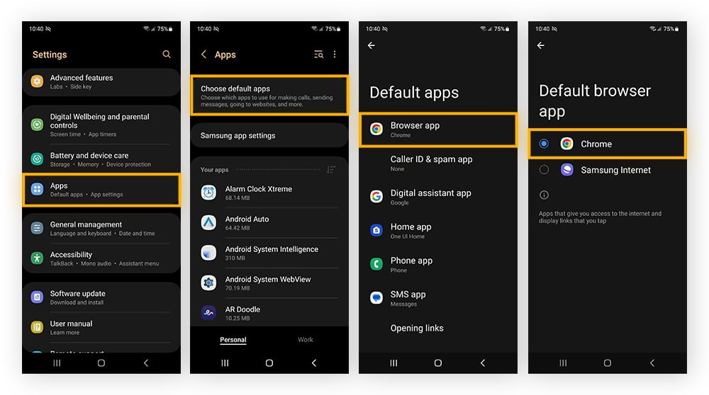 Screenshots showing how to select Chrome as your default browser on Android via Android settings.