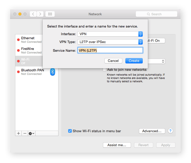 Janela de rede no MacOS, adicionando uma VPN