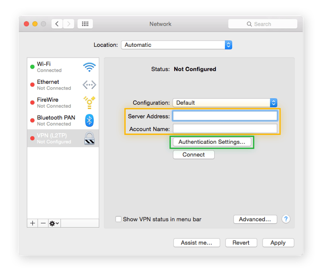 Finestra Rete in Mac OS. Inserimento di indirizzo/nome per la VPN appena aggiunta.