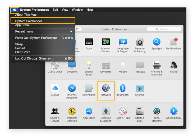 Uitgevouwen Apple-menu, met de optie Systeemvoorkeuren gemarkeerd. Het venster Systeemvoorkeuren is geopend, met de optie Netwerk gemarkeerd.