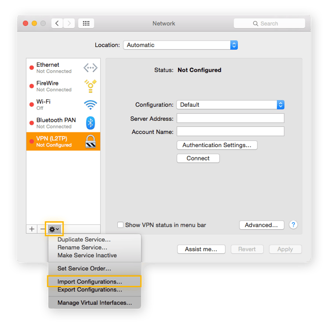 Janela Rede no Mac OS Botão de ação expandido