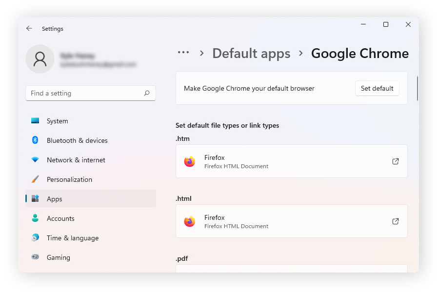 Set your default browser from within the Default app settings, or define a default browser for individual file and link types.