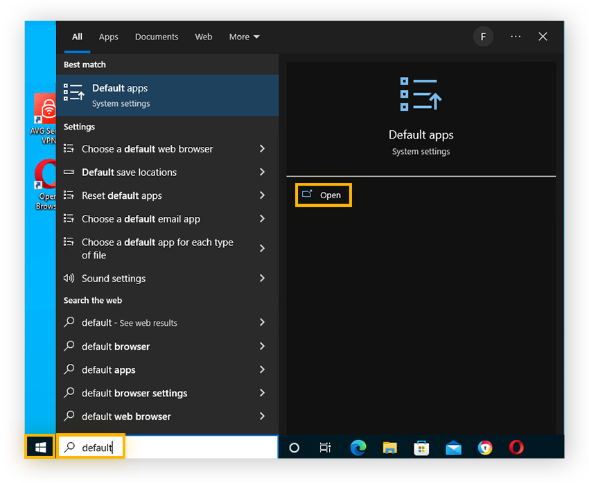 Open Start > Default apps to access default browser settings in Windows 10.