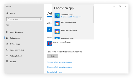 Windows 10コンピューターにインストールされているブラウザのコンテキストリストからブラウザを選択して、デフォルトのブラウザを変更します。