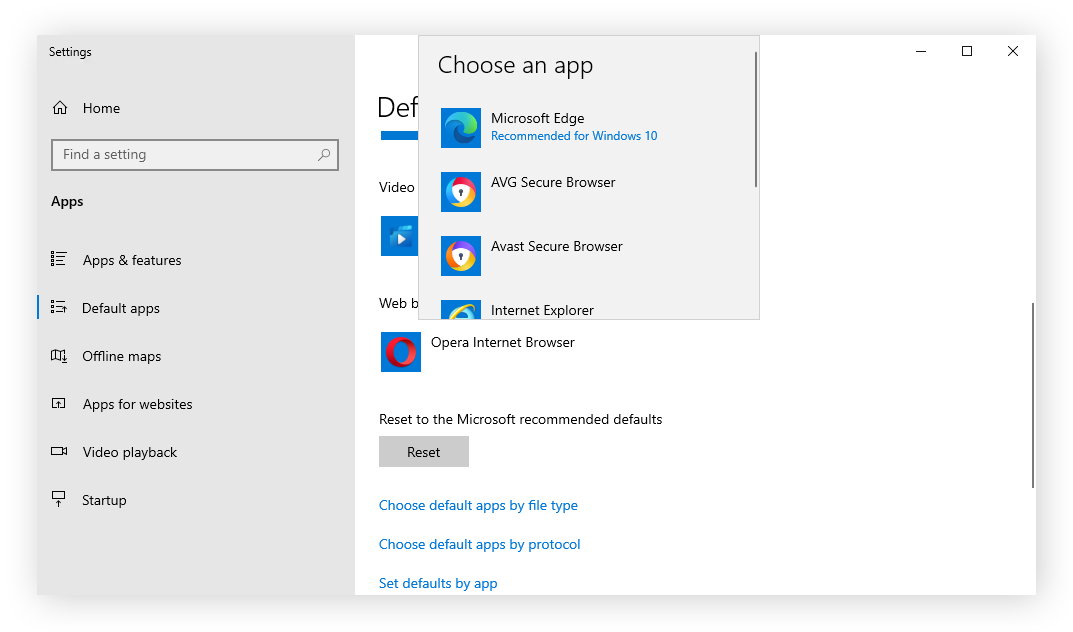 Selecione um navegador na lista pop-up de navegadores instalados no computador com Windows 10 para alterar o navegador padrão.