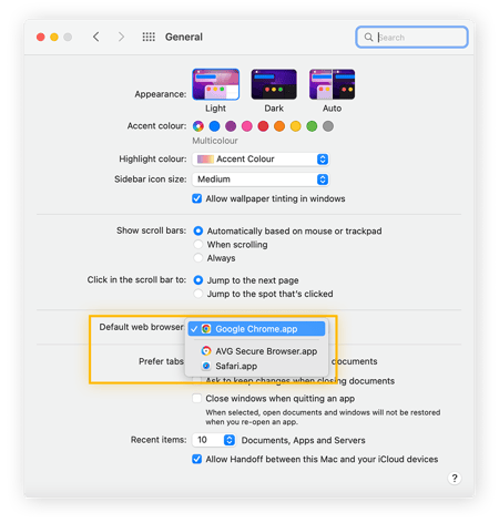 Default browser selection from the drop -down list via the Mac System Preferences General Menu