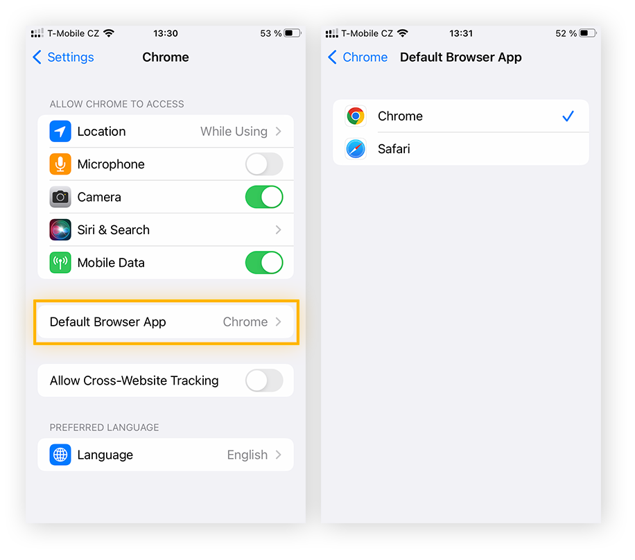 Setting Chrome as the default browser app in iPhone Settings app