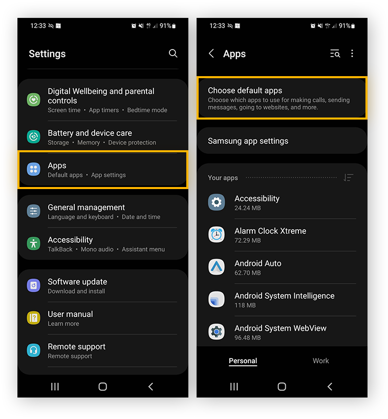 Opening Android Apps settings to choose default apps.