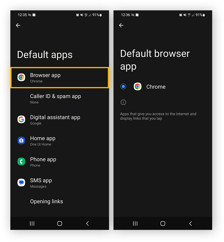 Choosing your default browser app in Android settings.