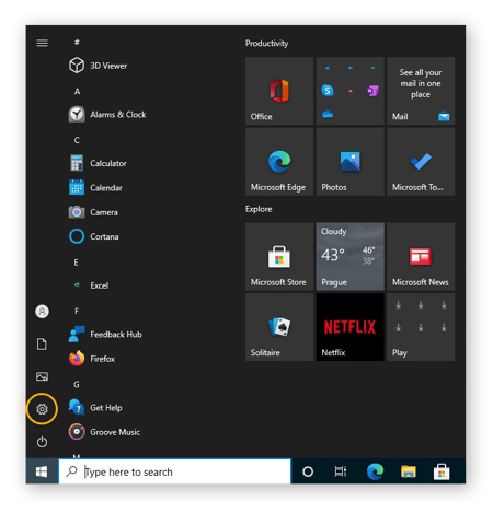 Opening the Settings from the Start menu in Windows 10