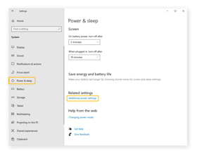 Öffnen der zusätzlichen Energieeinstellungen aus dem Energiesparmenü in Windows 10