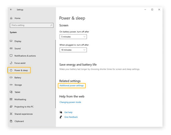 Opening the additional power settings from the Power & sleep menu in Windows 10