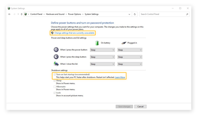 Checking the box for turning on fast startup (recommended) in Windows 10.