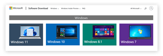 Microsofts Nettsted For Nedlasting Av Programvare, som viser koblinger for Hver versjon Av Windows