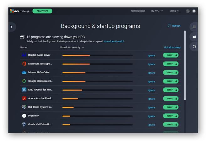 Snoozing background and startup programs with AVG TuneUp