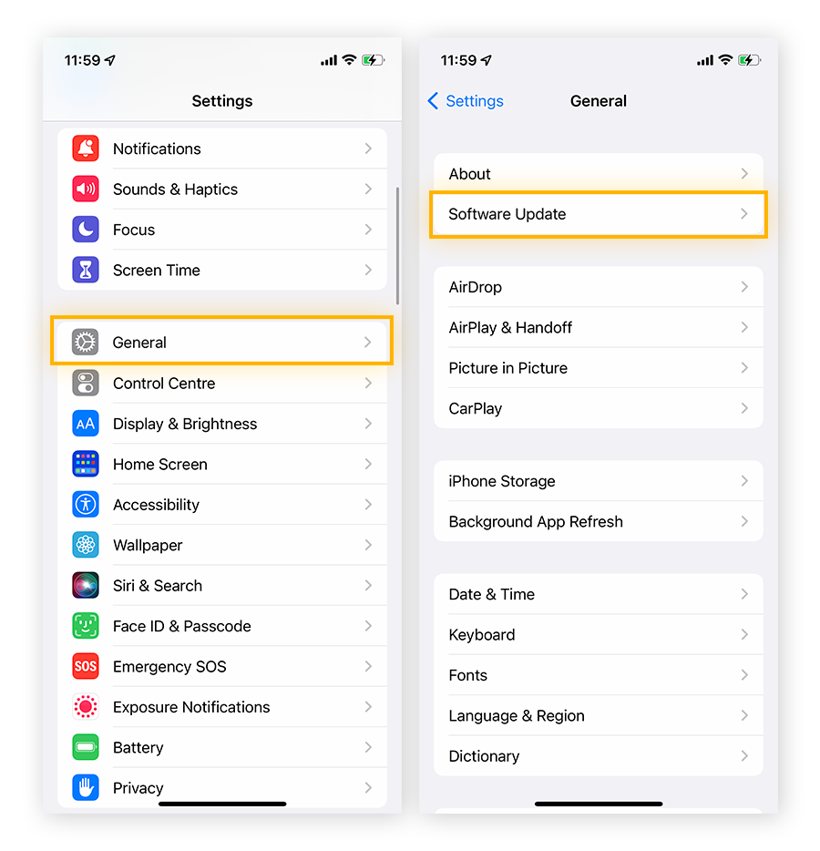 Dans les réglages de l’iPhone, appuyez sur Général > Mise à jour logicielle pour rechercher les dernières mises à jour d’iOS.