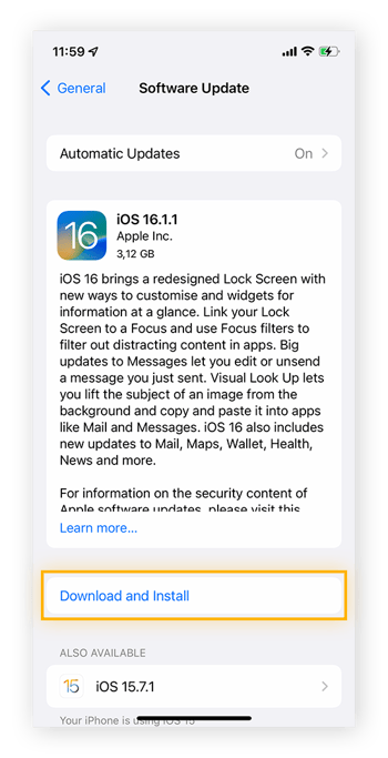 Tik op Download en installeer in de instellingen van de Software-update om de laatste iOS-versie te installeren.